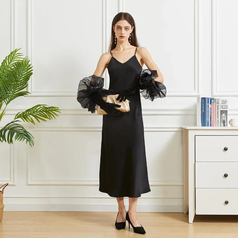 Women's Velvet Black 50cm Satin Tulle  Puff Long Gloves Banquet Wedding Party
